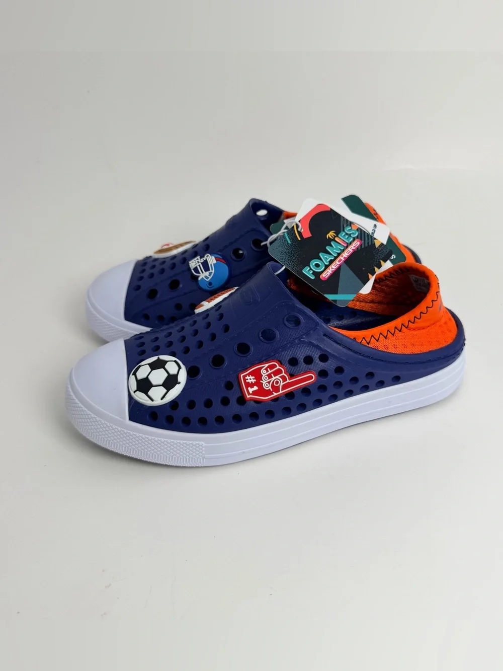 Skechers Navy Blue Kids Slip-On Sport Sandals with White Toe and Orange Lining